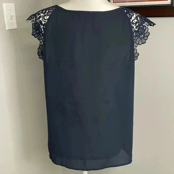 PHILOSOPHY Lace cap sleeved navy blouse Petite XL Extra Large Sheer - Picture 4 of 5